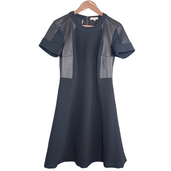Rebecca Taylor Goth Grunge 100% Lamb Leather Trim Sz 6 Fit & Flare Dress - Picture 1 of 13